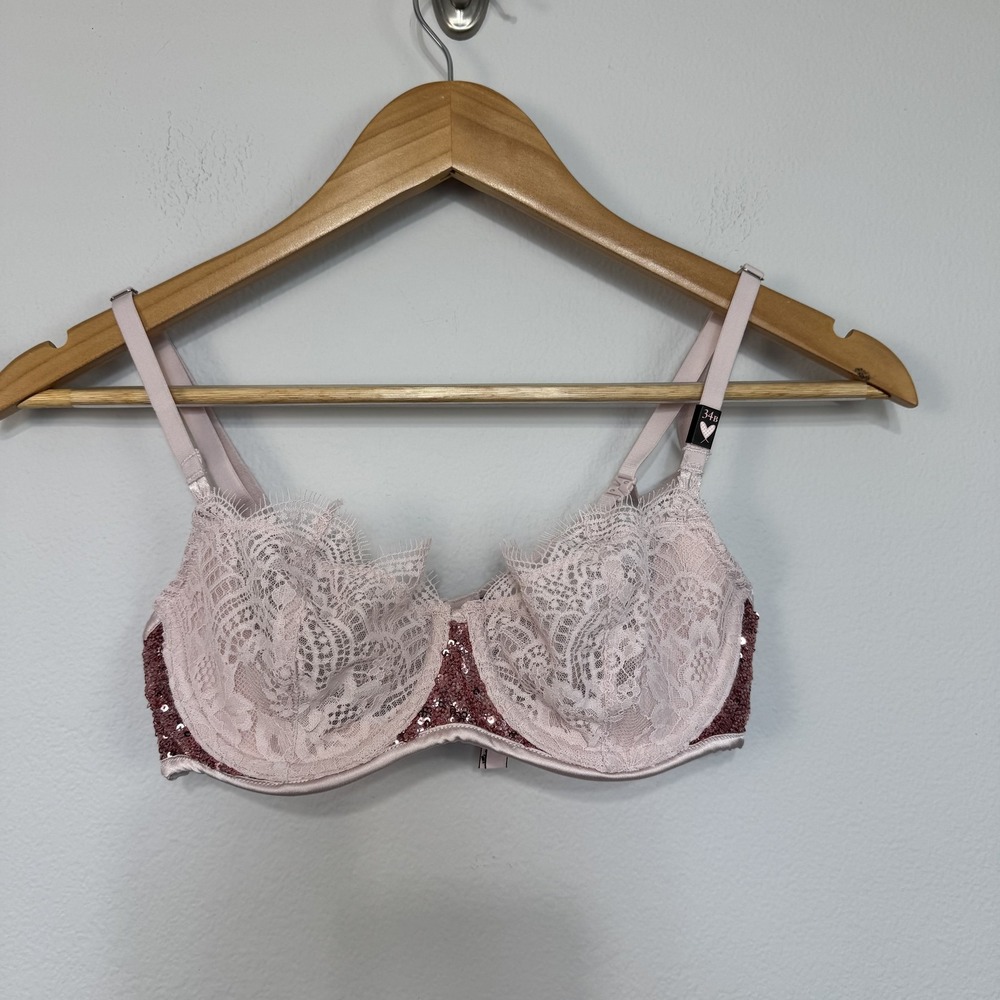 Victoria's Secret Bra Womens 34B‎ Pink Lace Sequin Dream Angels Unlined Push Up